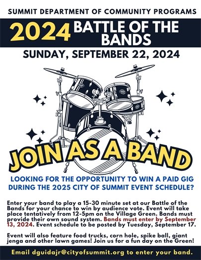 black, white, and yellow flyer with information on battle of the bands event