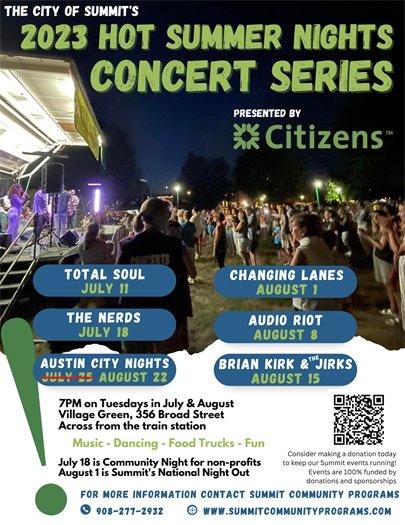 event flyer with information on hot summer nights concert series