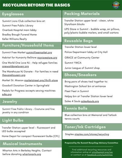 green and white flyer with information on recycling