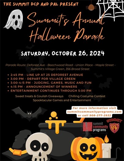 black orange and white flyer with information on halloween parade