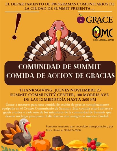 orange and brown flyer with information in Spanish on Summit's community Thanksgiving meal