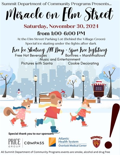 blue flyer with information on miracle on elm street holiday event