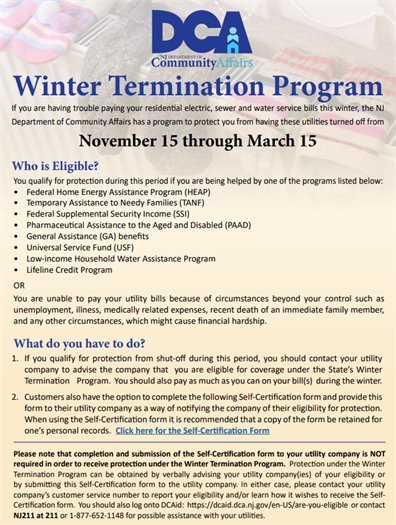 flyer with information on nj winter termination program
