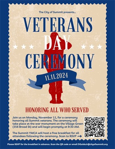 red white and blue flyer with information on veterans day ceremony