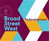 a maroon, white, blue, and gold graphic with text that reads broad street west redevelopment