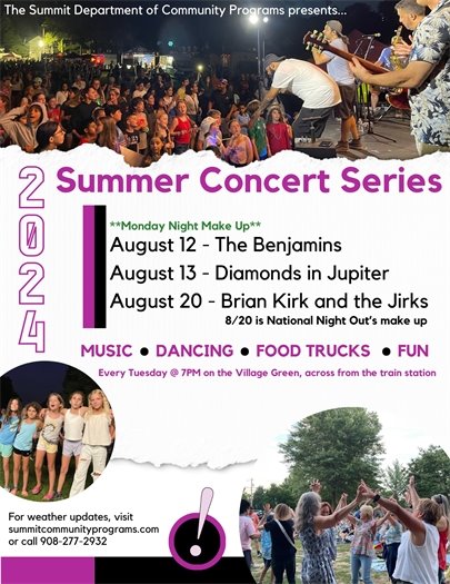 purple and white flyer with information on hot summer nights concert series