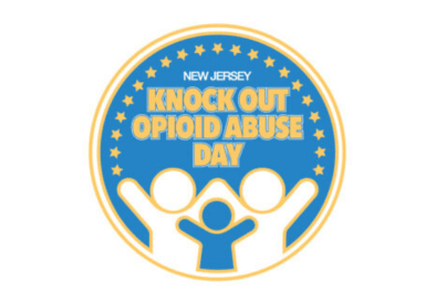 blue white and yellow logo for knock out opioid abuse day