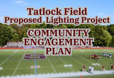 graphic with maroon text on an image of an athletic field
