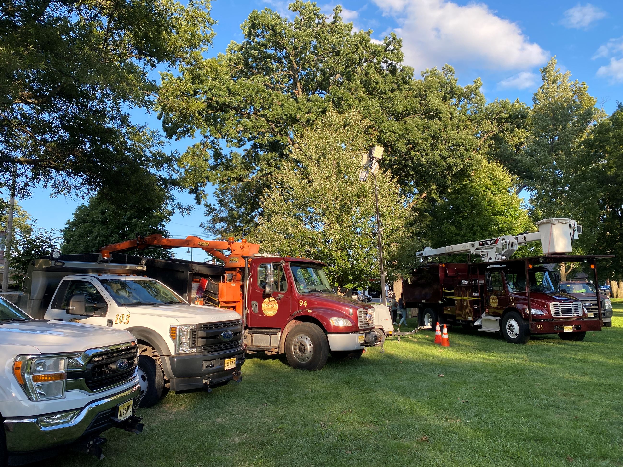 Division of public works trucks and vehicles lined up on grassy park area