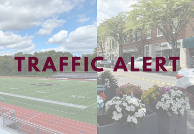 traffic alert graphic with photos of track field and downtown street