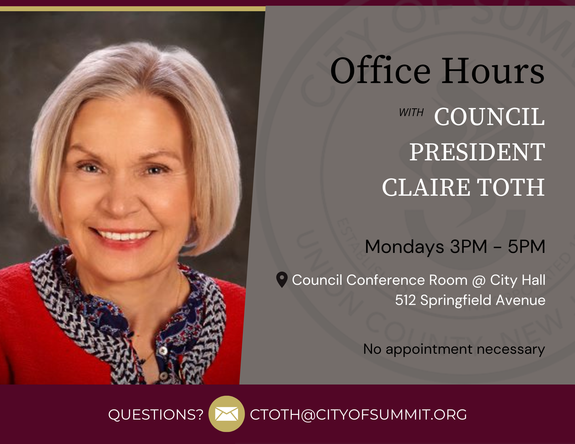 Graphic with information on summit nj council president office hours