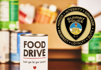 image of can on table with the words food drive on it, more cans in the background, and SPD logo