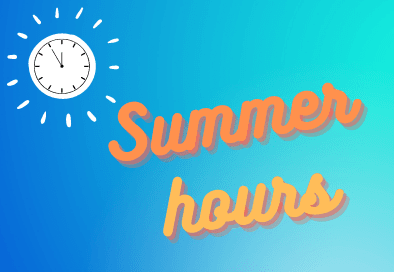graphic with blue background and orange text reading summer hours