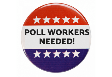 Graphic of a red white and blue button with the words poll workers needed in the middle