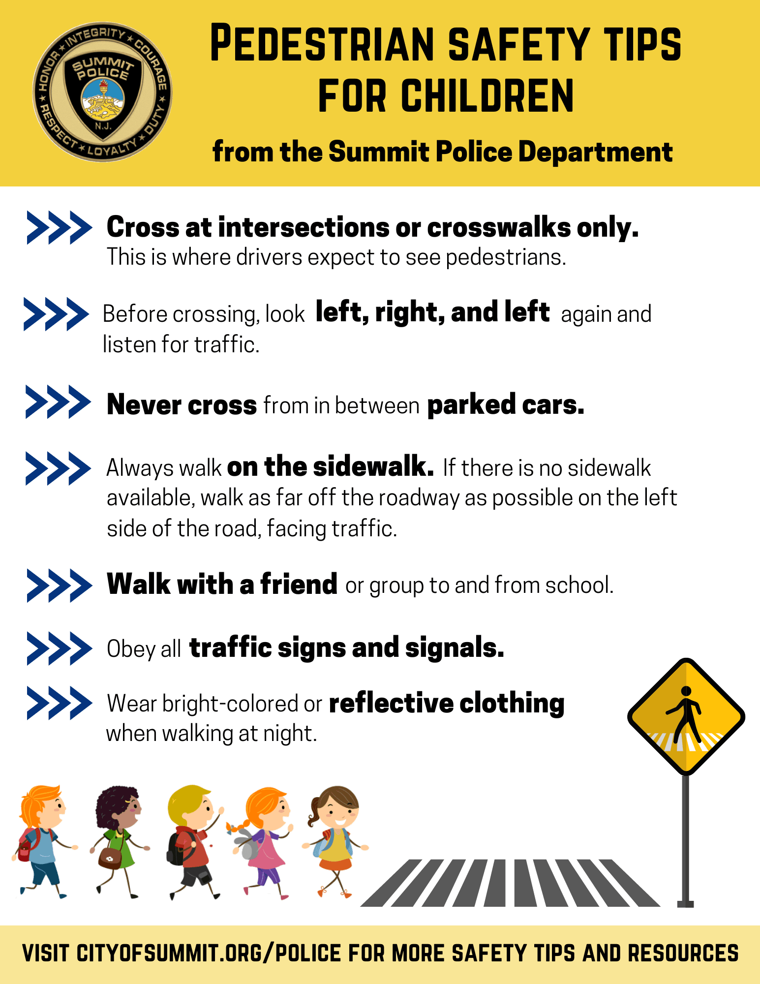 yellow and white flyer with pedestrian safety tips