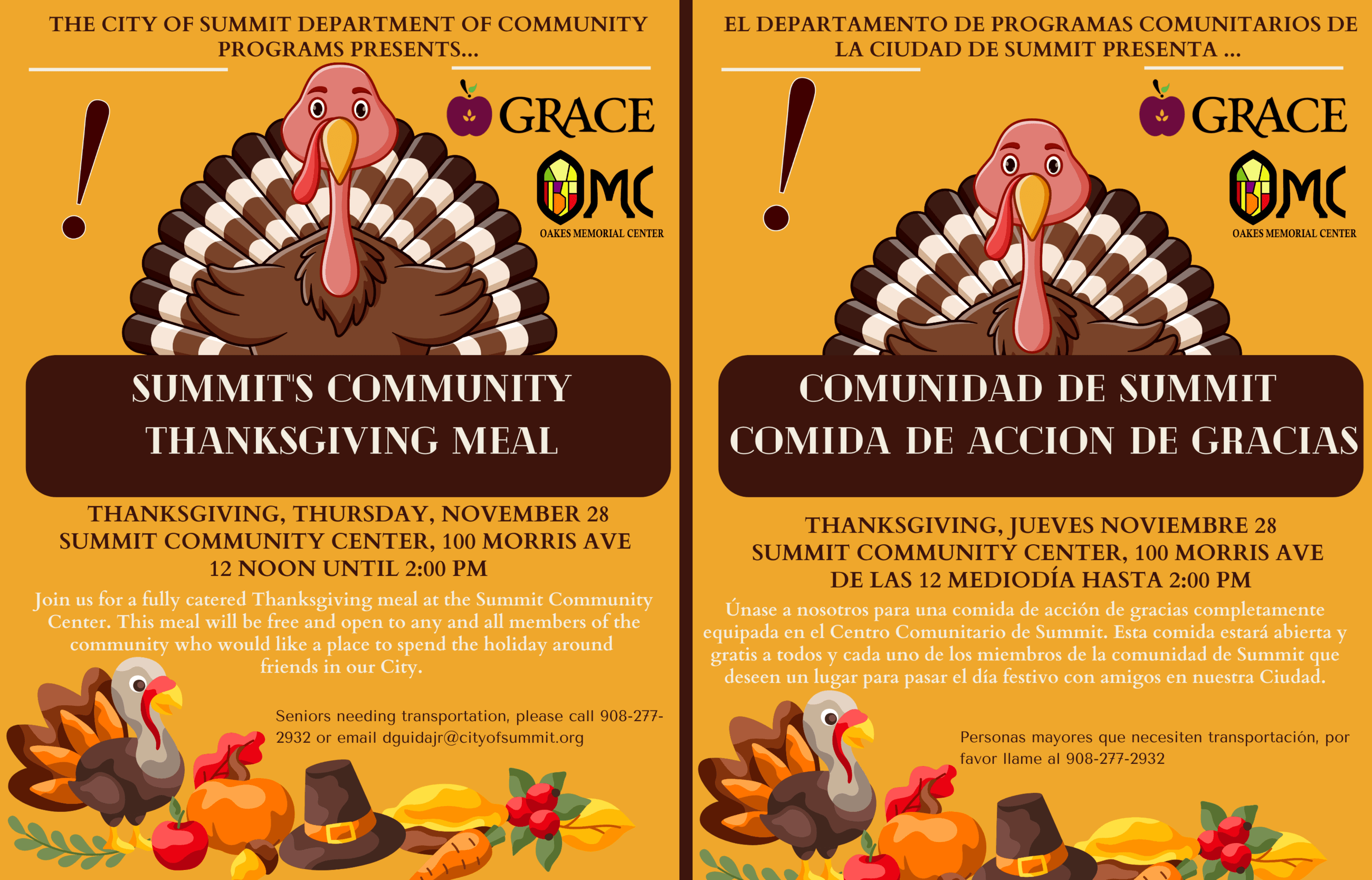 graphic with english and spanish flyers for community thanksgiving meal