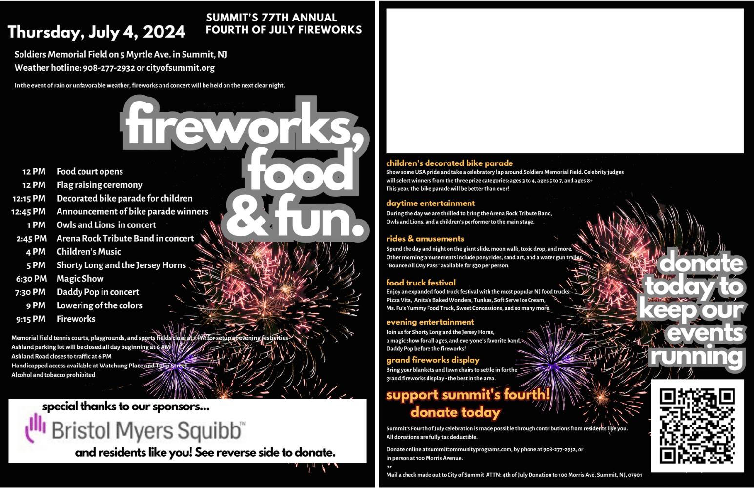 black and white flyer with information on Summit NJ fourth of july celebration 2024