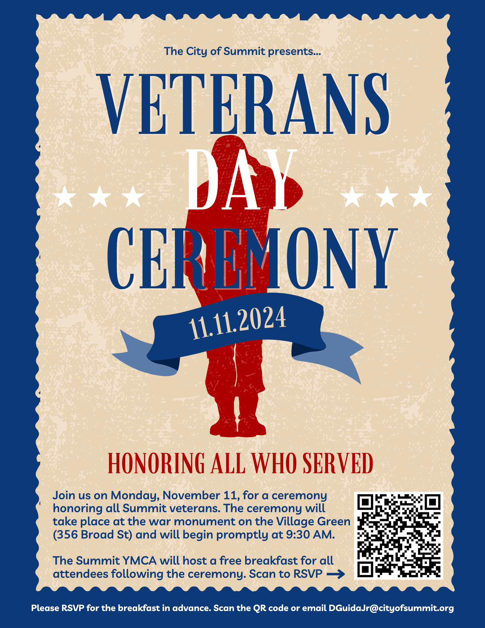 red white and blue Veterans Day ceremony flyer
