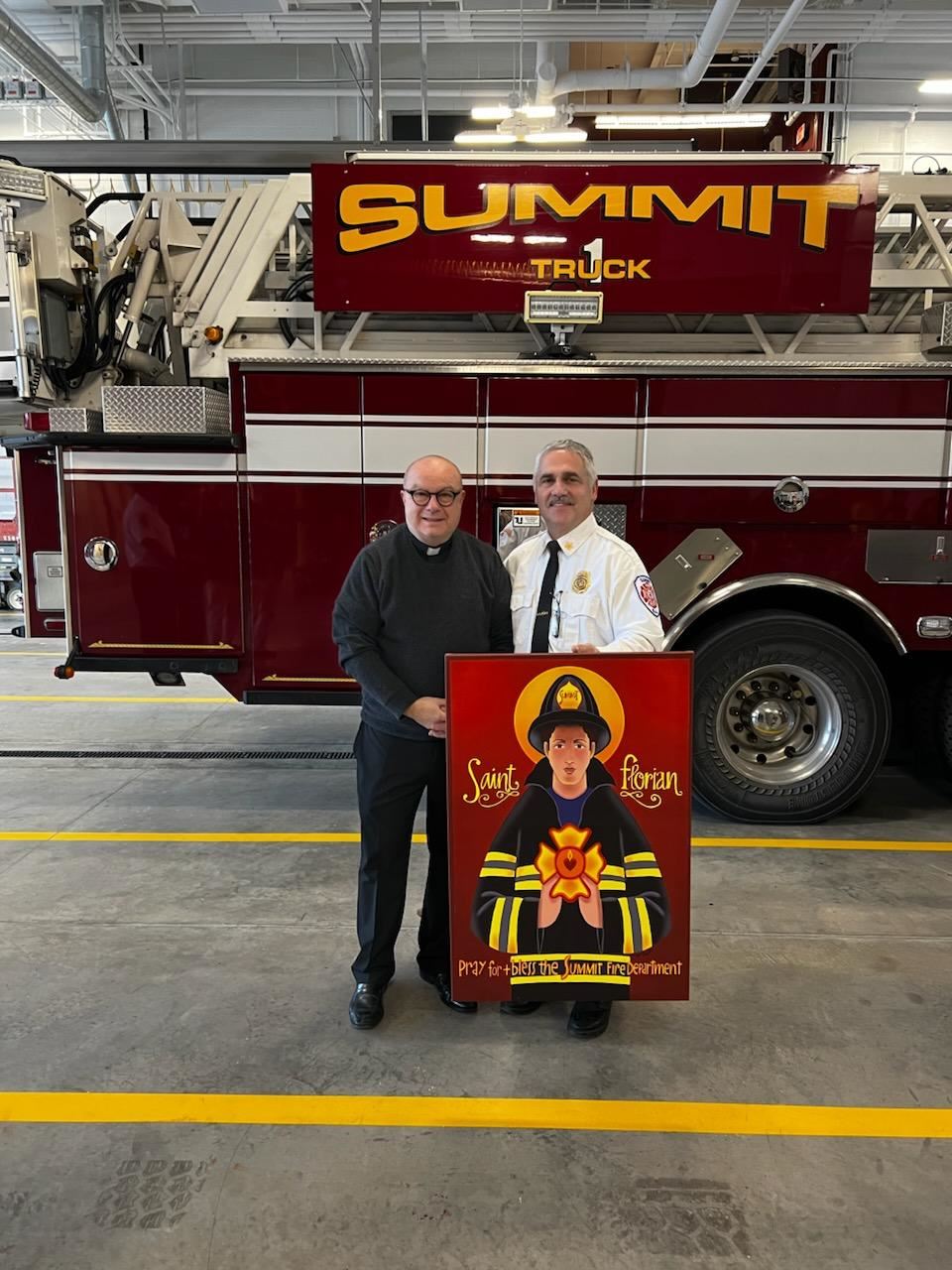 two people in front of firetruck