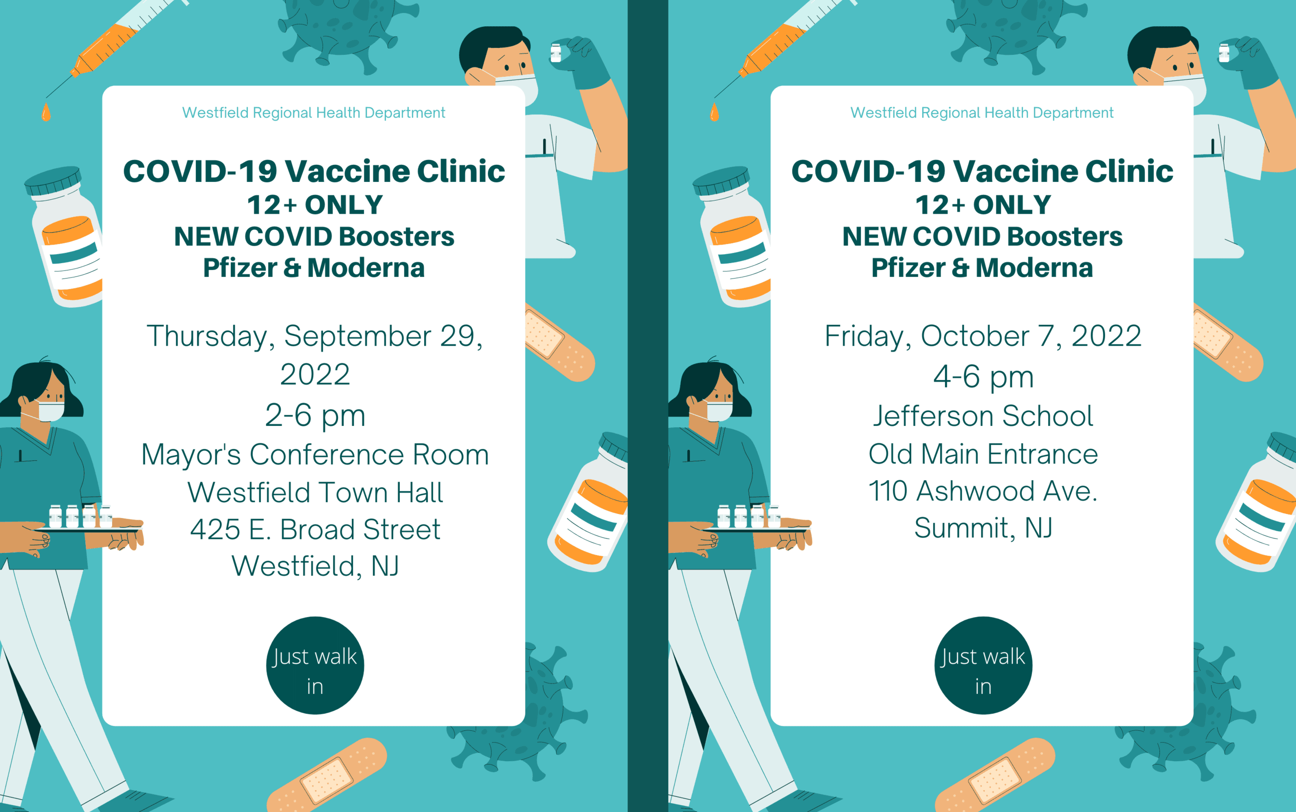 graphic with two flyers for covid-19 vaccination clinics