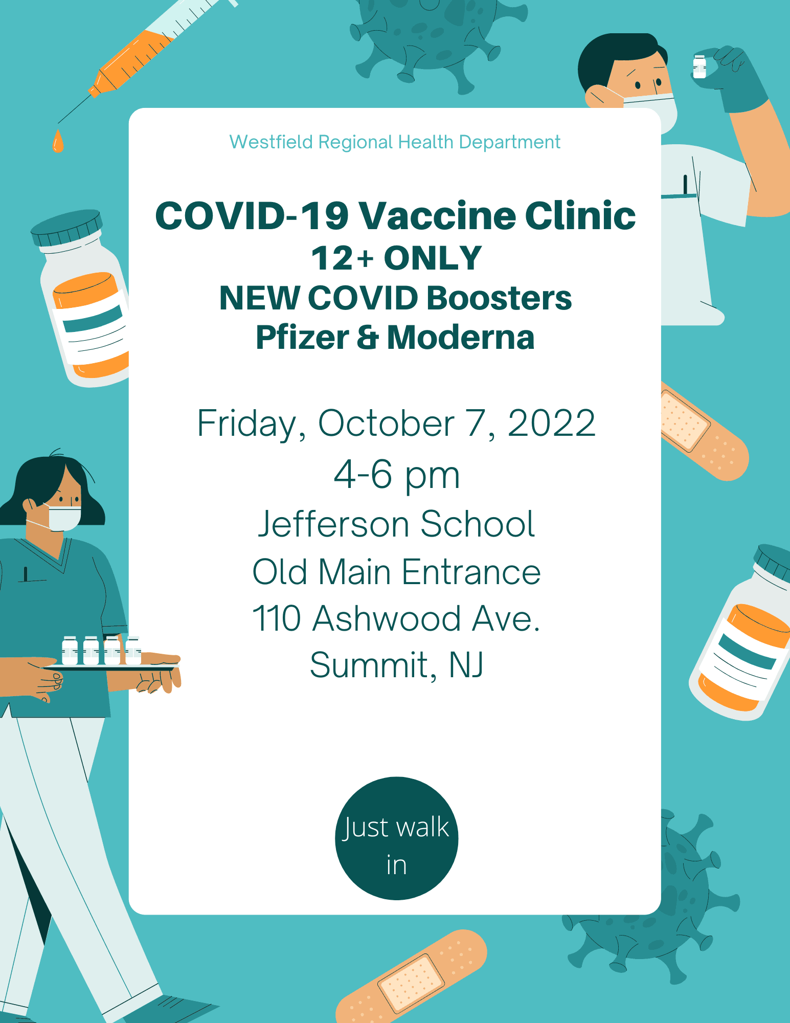 blue and white flyer with information on covid booster clinic