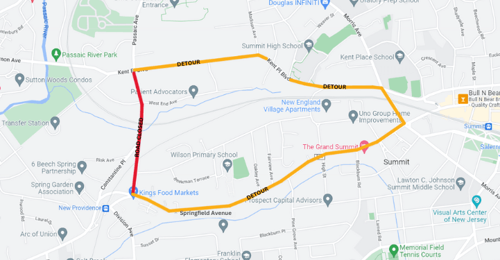 screenshot of google maps showing road closure and detour